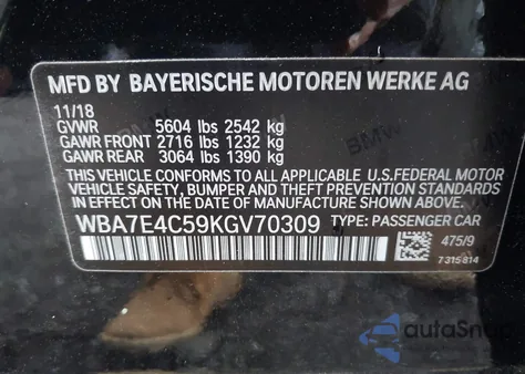 2019 BMW 740I xDrive из США, поврежденный, VIN WBA7E4C59KGV70309